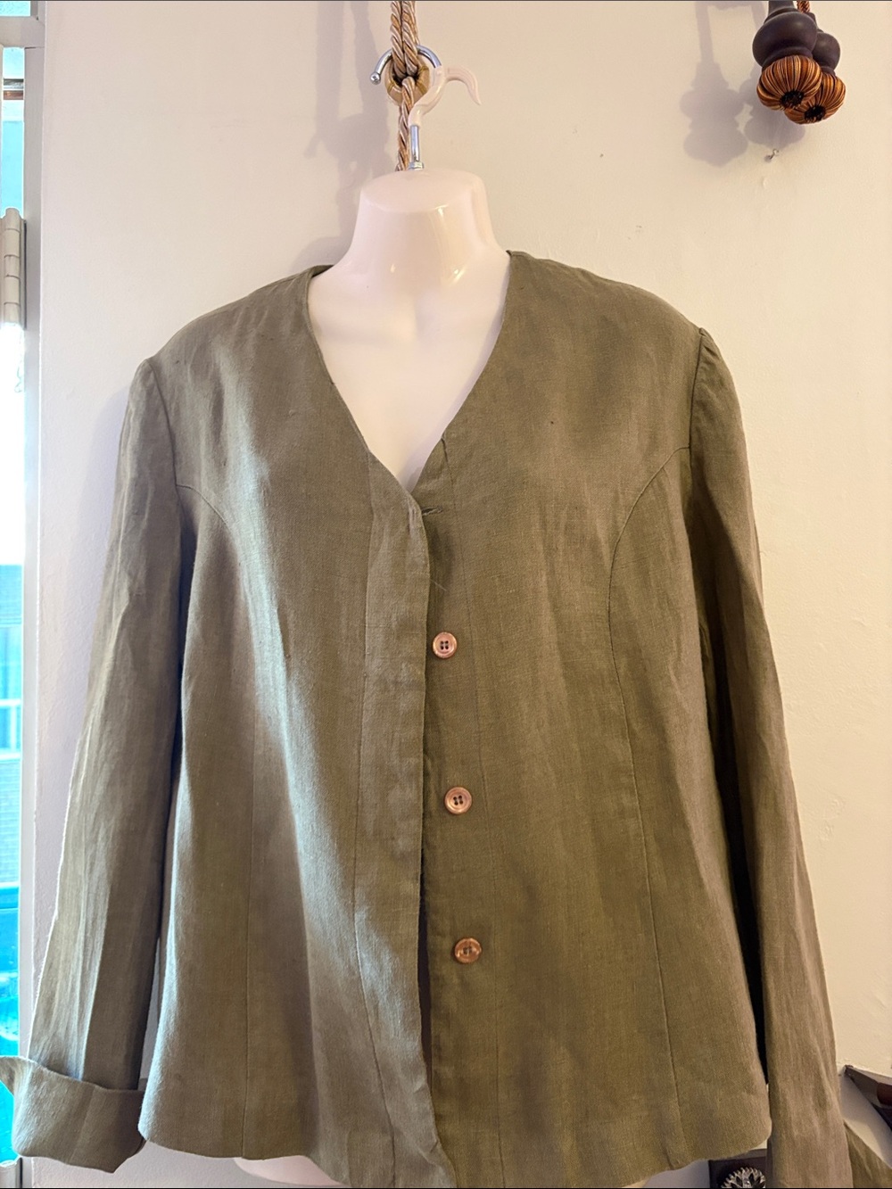 Olive Green Linen Button-Front Blazer Jacket